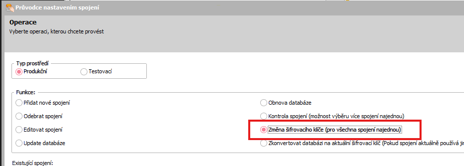Změna klíče v DBAdmin